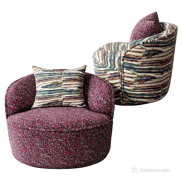 Colorful Patterned Accent Chair With Round Shape And Decorative Pillow 3d model 