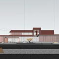 Sales office building with modern red roof design and outdoor area surrounded by trees