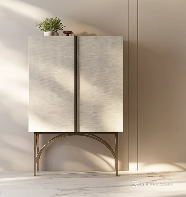Modern Light Colored Wardrobe With Textured Doors And Gold Metal Legs Design 3d model 