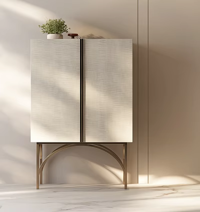 Modern Light Colored Wardrobe With Textured Doors And Gold Metal Legs Design 3d model