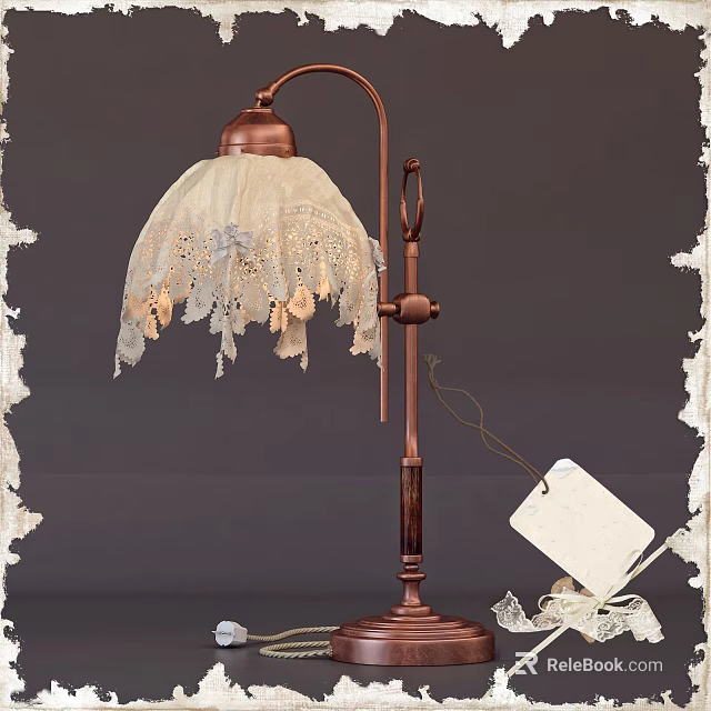 Vintage Table Lamp With Cream Lace Shade Brass Base And Hanging Tag 3d model 