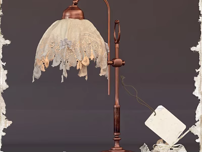 Vintage Table Lamp With Cream Lace Shade Brass Base And Hanging Tag 3d model