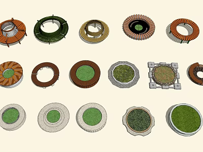 Multiple Decorative Tree Pit Styles With Diverse Borders And Lush Grass Centers 3d model
