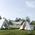 Multiple White Tents With Various Styles On Grassland With Trees And Blue Sky Background