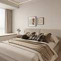 Modern Minimalist White Beige Bedroom Interior With Bed Nightstand Artwork Pendant Light Wardrobe Carpet Window