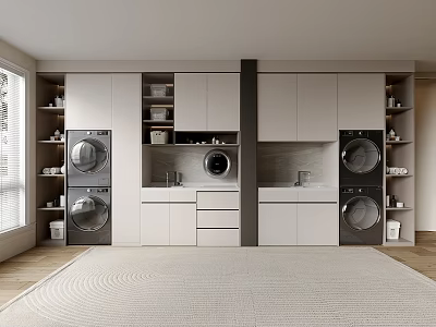 Modern Laundry Room Interior With Washing Machines Dryers And Storage Cabinets 3d model