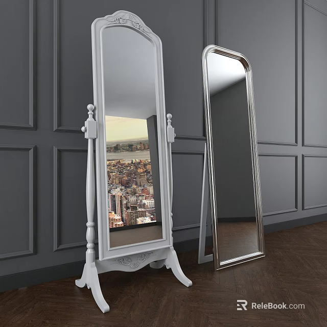 Floor Mirrors With White Carved Base And Silver Frame Reflecting City View Gray Wall 3d model 
