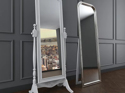 Floor Mirrors With White Carved Base And Silver Frame Reflecting City View Gray Wall 3d model