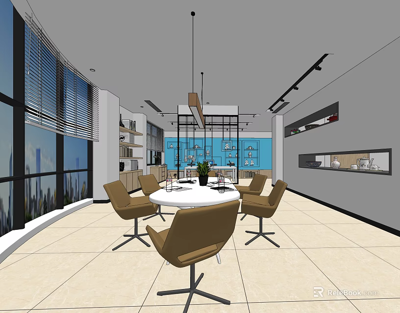 Modern Conference Room Interior With Round Table Brown Chairs And Large Windows 3d model 
