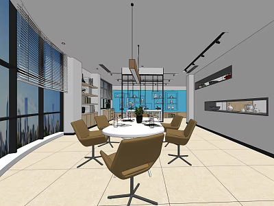 Modern Conference Room Interior With Round Table Brown Chairs And Large Windows 3d model