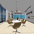 Modern Conference Room Interior With Round Table Brown Chairs And Large Windows