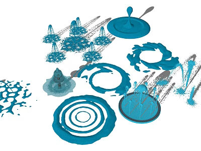 Blue Fountain With Various Water Droplet Circular And Spiral Shapes Design 3d model