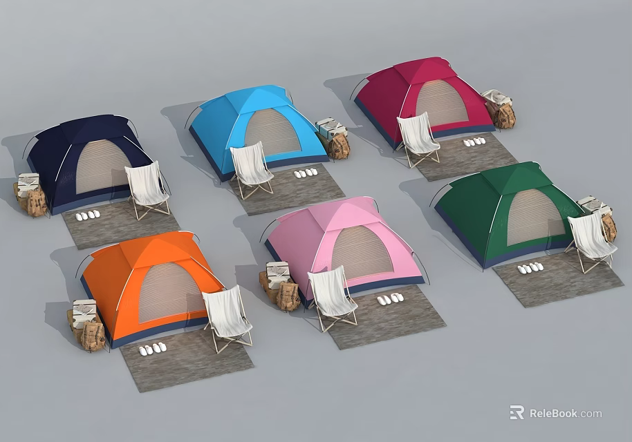 Colorful Camping Tents With White Chairs Wicker Baskets And Gray Mats 3d model 