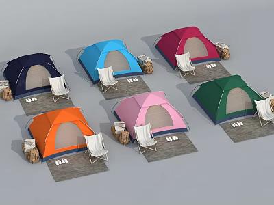Colorful Camping Tents With White Chairs Wicker Baskets And Gray Mats 3d model