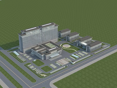 Spacious Modern Hospital Building Complex With Central Plaza Green Areas And Road Access 3d model