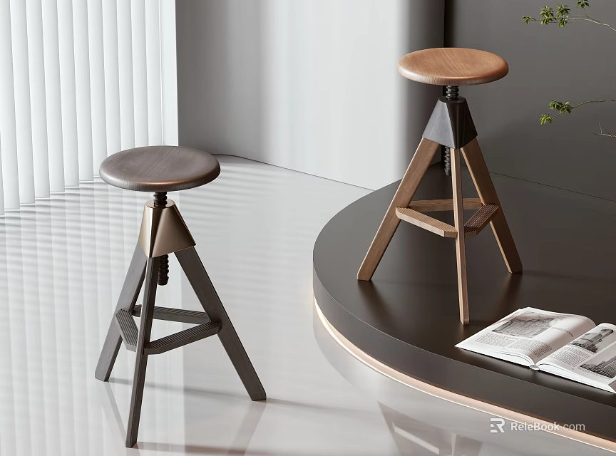 Modern Bar Stools with Round Wooden Seats and Tripod Legs in Contemporary Interior Space 3d model 