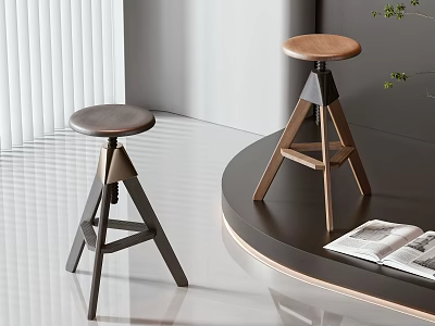 Modern Bar Stools with Round Wooden Seats and Tripod Legs in Contemporary Interior Space 3d model