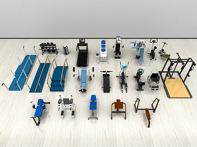 Various Sports Equipment Including Dumbbells Treadmills Barbells Workout Benches And Mats For Gym 3d model