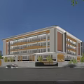 Modern School Building With Yellow White Exterior Walls Balconies Trees And Front Entrance