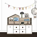Cute House Shaped Decorative Cabinet With Toy Car Photo Frame And Flower Vase