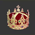 Home Decorative Red Velvet Crown With Golden Ornaments Colorful Gemstones Pearls And Cross On Top