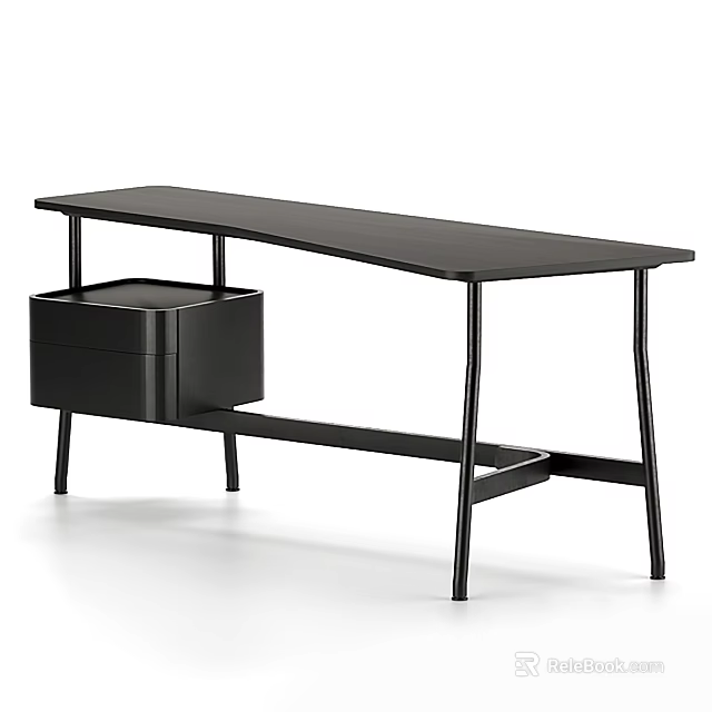 Black Modern Desk With Metal Legs And Cabinet Drawers Design 3d model 