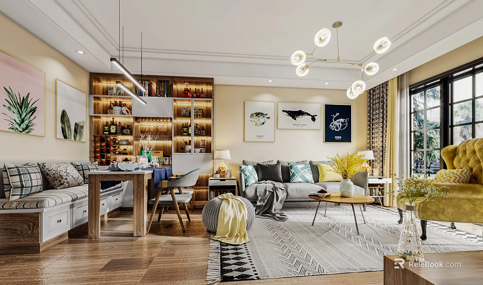 Modern Living And Dining Room Interior With Sofa Coffee Table Wine Cabinet And Decorative Art 3d model 
