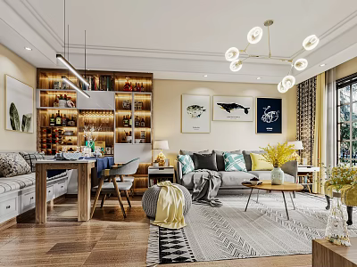 Modern Living And Dining Room Interior With Sofa Coffee Table Wine Cabinet And Decorative Art 3d model