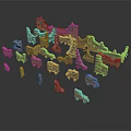 Ancient Architectural Ruins Model With Scattered Brick Components And Structures