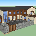 Traditional Guesthouse Building Surrounded by Green Mountain Forest and Scenic Garden Path