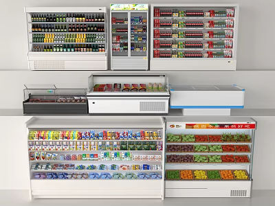 Commercial Upright Chest Refrigerators Freezers Stocked With Drinks Fruits Vegetables Meats In Retail 3d model
