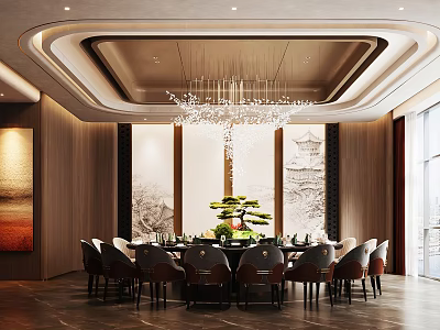 Chinese Style Private Dining Room With Large Round Table Elegant Chairs And Crystal Chandelier 3d model