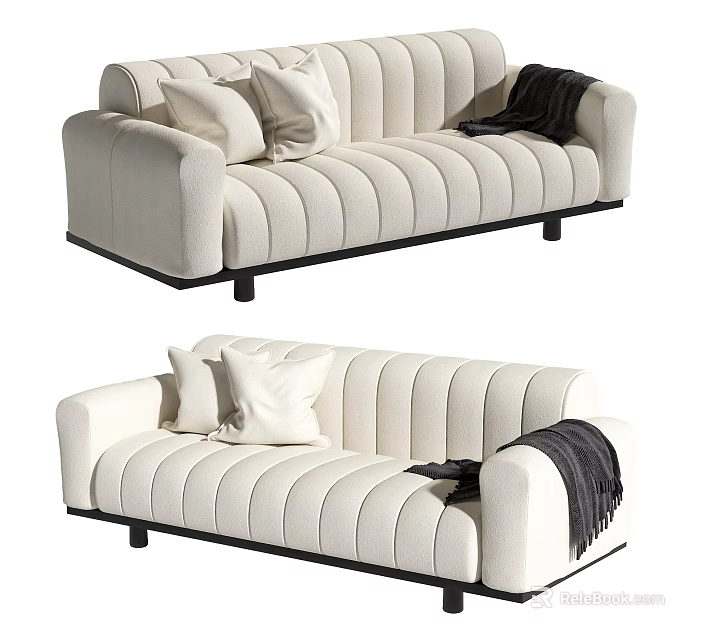 White Ribbed Two Seater Sofa With Soft Pillows And Black Blanket Modern Design 3d model 