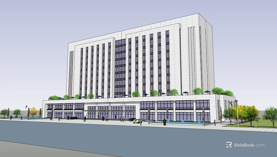 Modern White Office Building With Large Windows Glass Curtain Walls And Green Roof Landscaping 3d model 