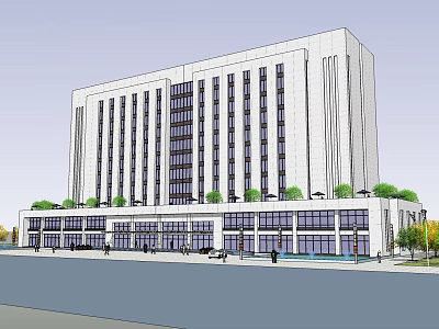 Modern White Office Building With Large Windows Glass Curtain Walls And Green Roof Landscaping 3d model