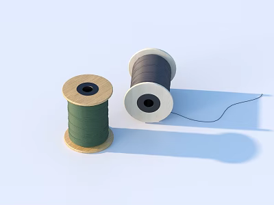 Green and Gray Thread Spools Featuring Wooden Bases and Unwound Thread for Household Supplies 3d model