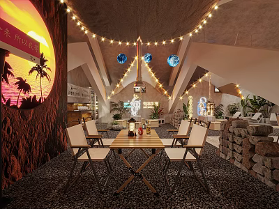 Tropical Restaurant Interior With String Lights Arched Ceiling Wooden Furniture Palm Decor And Pebble Floor 3d model