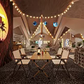 Tropical Restaurant Interior With String Lights Arched Ceiling Wooden Furniture Palm Decor And Pebble Floor