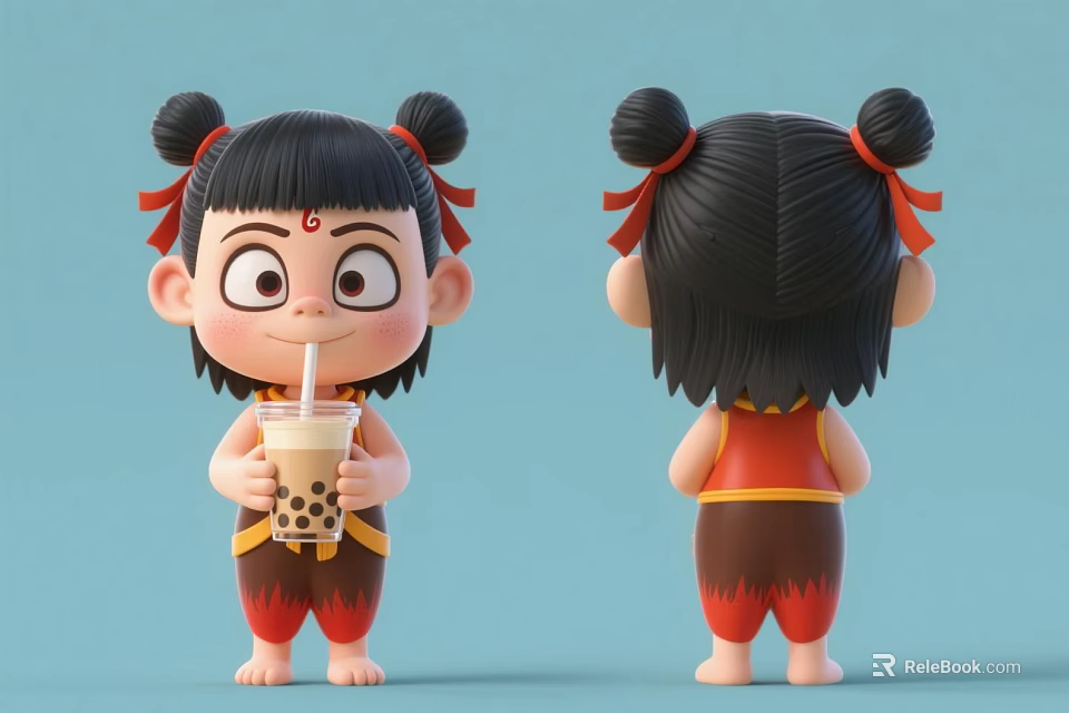Cartoon Man With Bun Hairstyle Holding Bubble Tea And Red Ribbons 3d model 