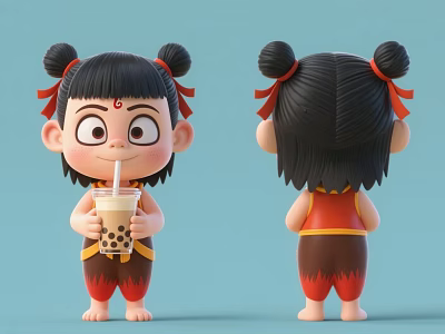 Cartoon Man With Bun Hairstyle Holding Bubble Tea And Red Ribbons 3d model