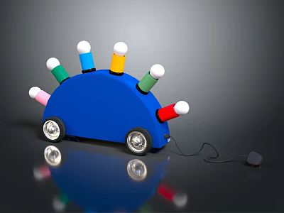 Blue Car Shaped Equipment With Colorful Cylindrical Lights Wheels And Connecting Cable 3d model
