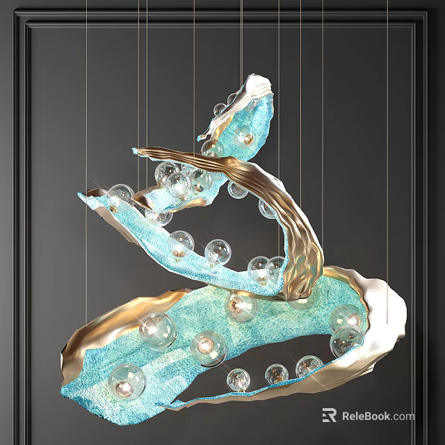 Modern Artistic Blue And Gold Chandelier With Glass Balls And Curved Structure 3d model 