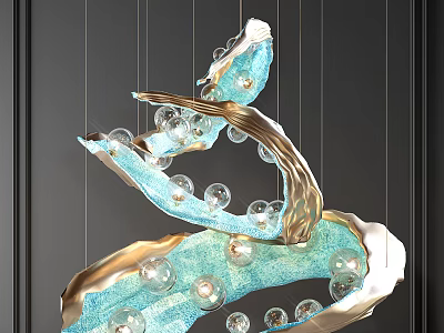 Modern Artistic Blue And Gold Chandelier With Glass Balls And Curved Structure 3d model