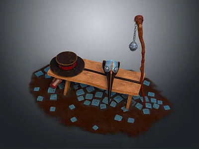 Vintage Wooden Bench Setup With Hat Boots Bell Pole And Blue Blocks 3d model
