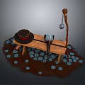 Vintage Wooden Bench Setup With Hat Boots Bell Pole And Blue Blocks