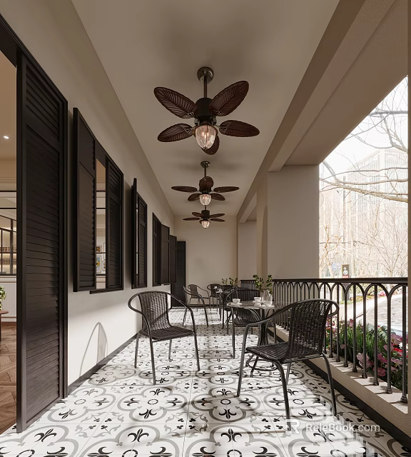 Café Outdoor Patio With Black Shutters Ceiling Fans And Wrought Iron Furniture 3d model 
