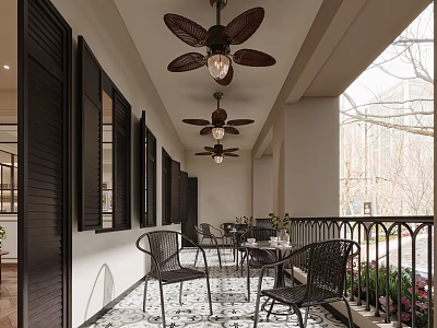 Café Outdoor Patio With Black Shutters Ceiling Fans And Wrought Iron Furniture 3d model