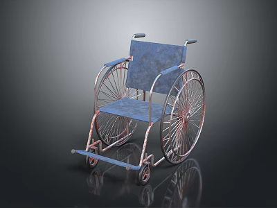 Blue Wheelchair With Metal Frame And Spoked Wheels On Dark Surface 3d model