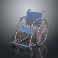 Blue Wheelchair With Metal Frame And Spoked Wheels On Dark Surface