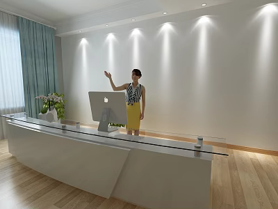 Modern Reception Desk With Female Receptionist Glass Countertop Apple Computer Green Plant Wooden Floor 3d model